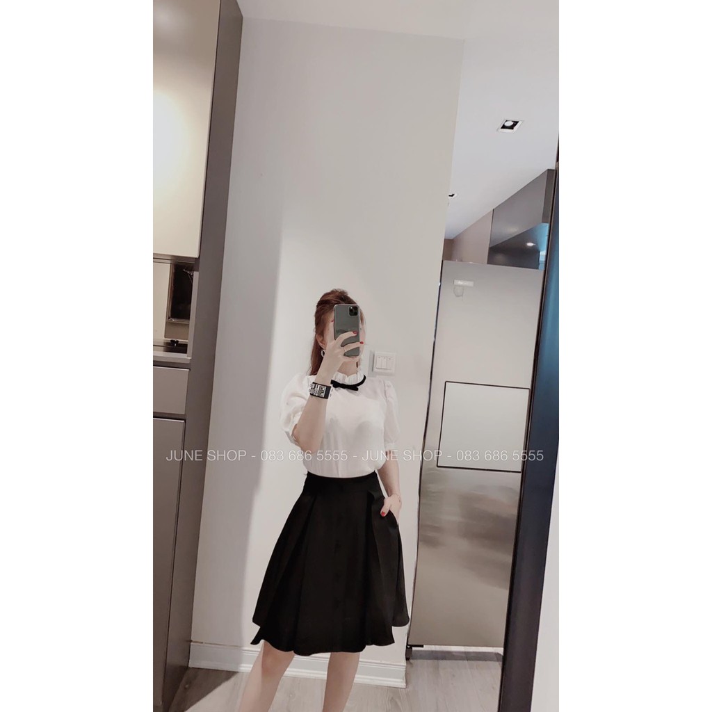 Set áo kiểu nơ + chân váy cúc xoè hottrends