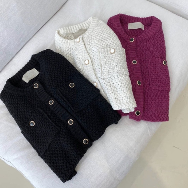 Áo khoác cardigan dệt kim cổ tròn tay phồng thiết kế hai túi có cài nút thời trang cho nữ | BigBuy360 - bigbuy360.vn