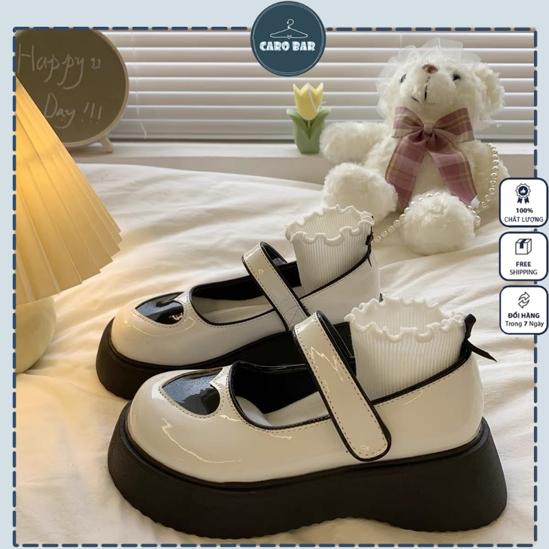 Shop CÓ SẴN đủ sz 2 màu 35-39_Kèm video Giày oxford Mary Jane tone đen trắng hoạ tiết trái tim