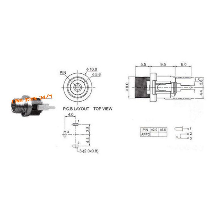 Bộ 4 Jack Cắm Nguồn Cái 5.5x2.1mm 3 Chân Đầu Ren DC-021