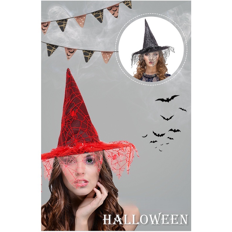 Mũ Phù Thủy Phối Lưới Hóa Trang Halloween Mới