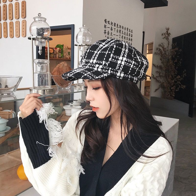 Nón Họa Sĩ Sọc Ca Rô Đen Trắng Phong Cách Anh Quốc Cổ Điển Thời Trang Thu Đông Cho Nữ