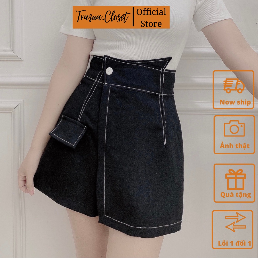 Quần giả váy nữ chỉ nổi cạp cao dáng ngắn, vạt chéo thời trang, 2 màu đen trắng mẫu chữ A công sở Trà Sữa closet TS001