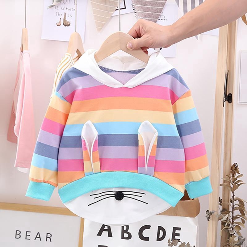 Áo hoodie họa tiết kẻ sọc màu cầu vồng đáng yêu dành cho bé gái