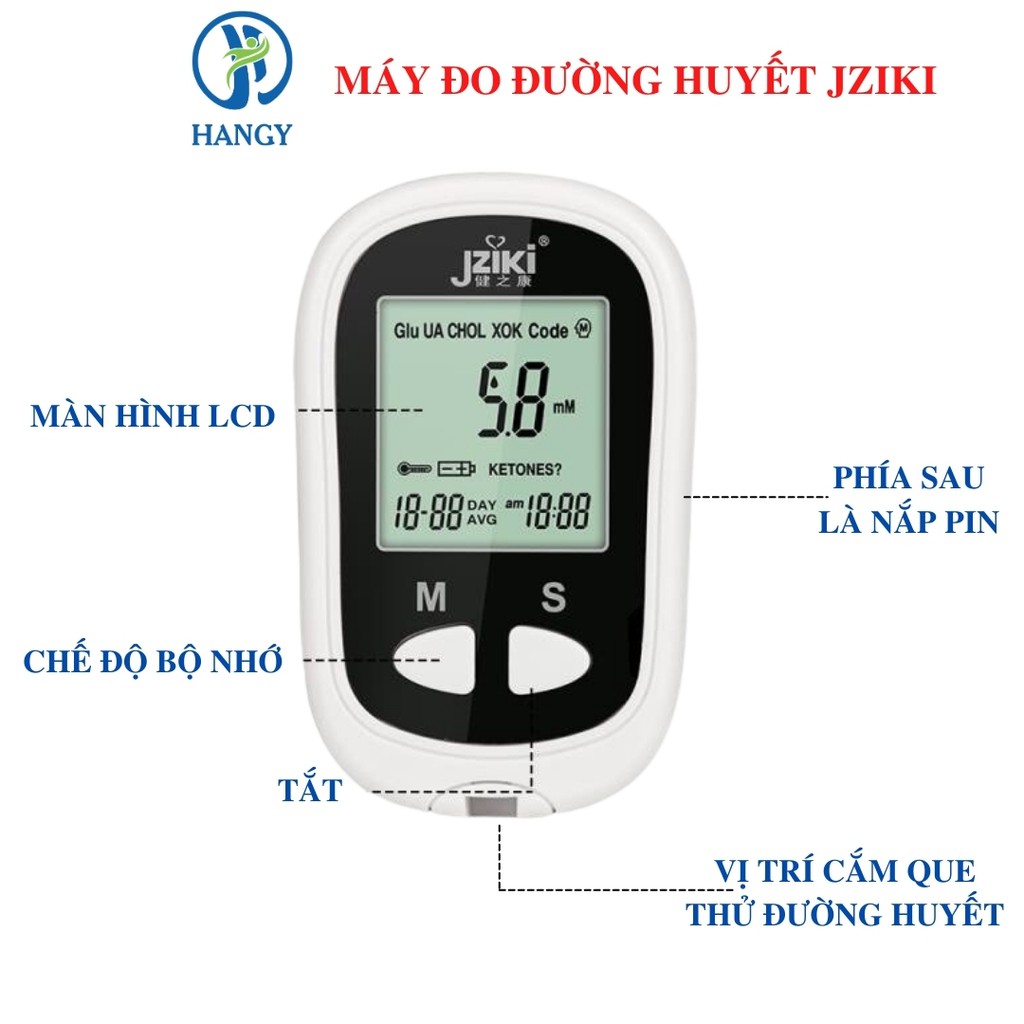 Máy đo đường huyết Jziki nhập khẩu HANGY [kèm 50 que thử và 50 kim]