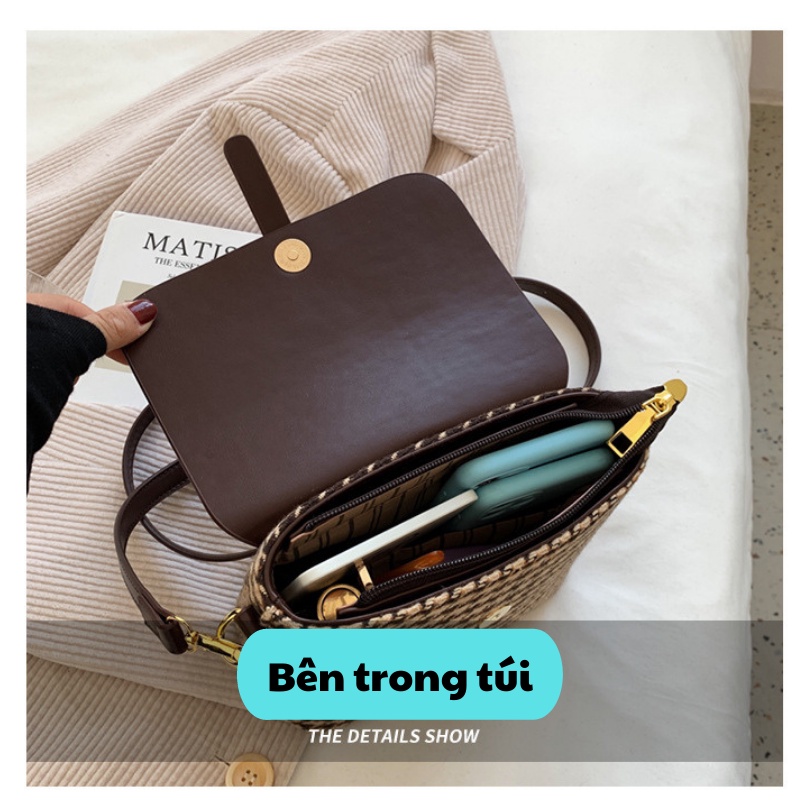 Túi xách đeo chéo hình hộp phối dạ kẻ kiểu Hàn Quốc SONASI TXN004