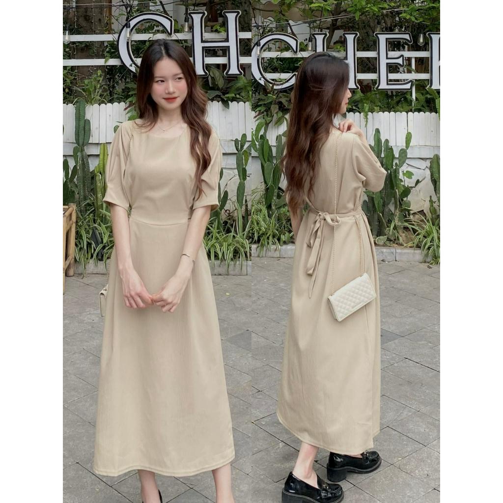 (Ảnh thật) Váy suông cổ tròn 2 lớp chất đũi sần buộc nơ eo - 247store.vn - VayA951