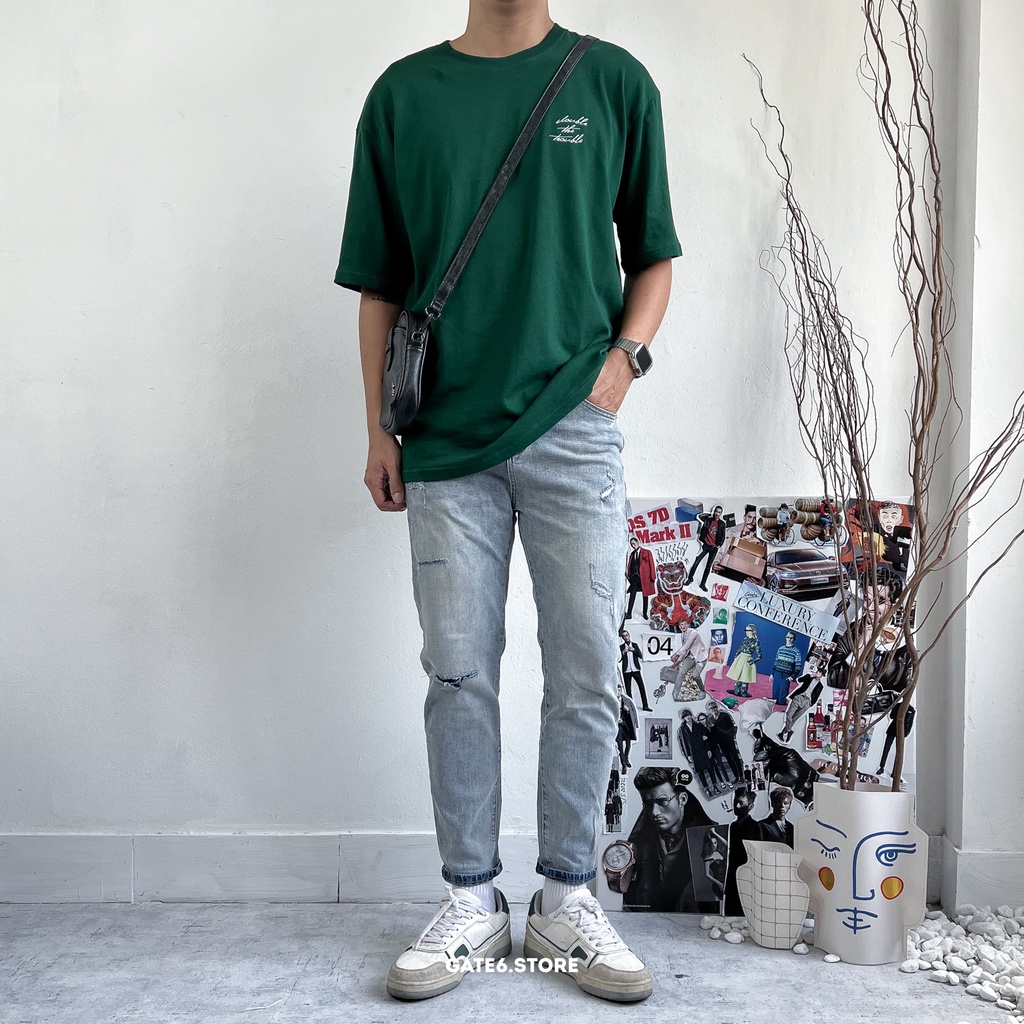 Áo Phông Nam cổ tròn GATE6 - Double the Trouble, thun ngắn tay unisex in slogan tối giản kiểu Hàn - G0033