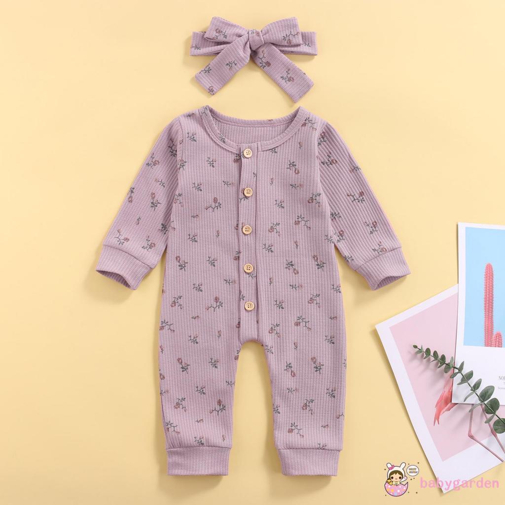 Bộ Áo Liền Quần Tay Dài Cổ Tròn In Hoa + Băng Đô Cài Tóc Thời Trang Mùa Thu Cho Bé Gái 0-18 Tháng Tuổi
