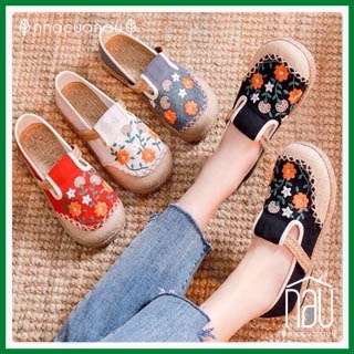 Giày cói phong cách vintage vải canvas thêu hoa lá đế cao su bền đẹp dễ phối đồ