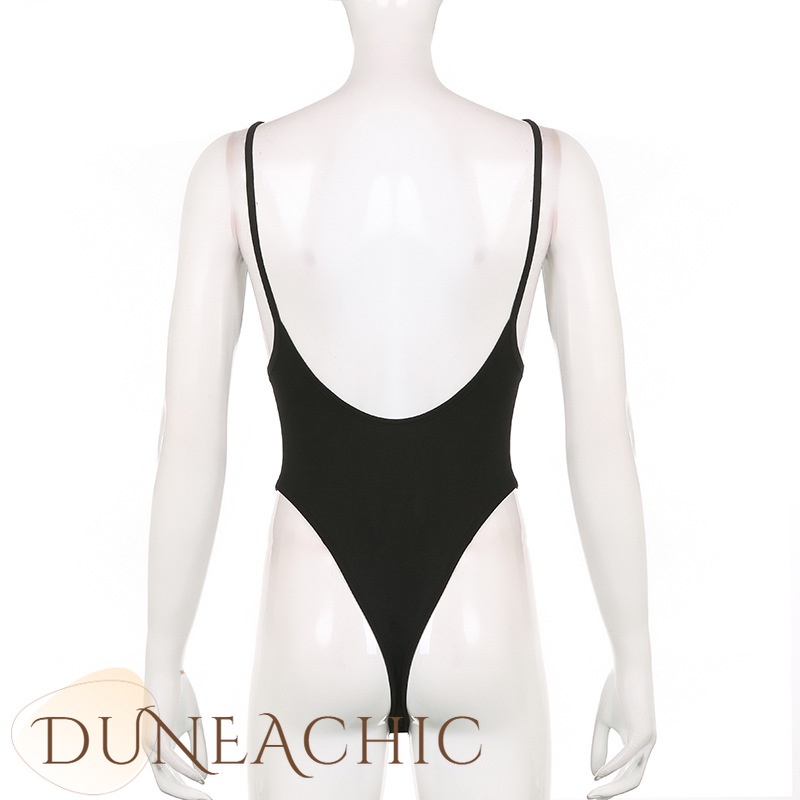 DUNEA Áo liền quần cổ chữ U hở lưng màu trơn quyến rũ cho nữ