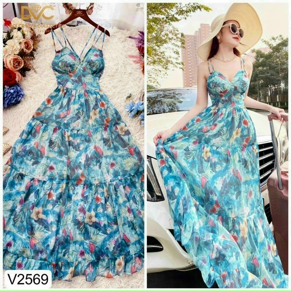 Đầm váy nữ maxi 2 dây với màu xanh họa tiết xinh xắn, bồng bềnh thích hợp cho các nàng mang đi du lịch, đi biển