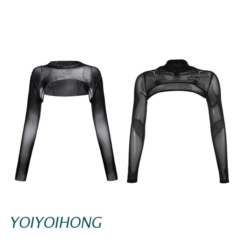 Áo Croptop Tay Dài Phối Lưới Và Vòng Kim Loại Thời Trang Harajuku Cho Nữ