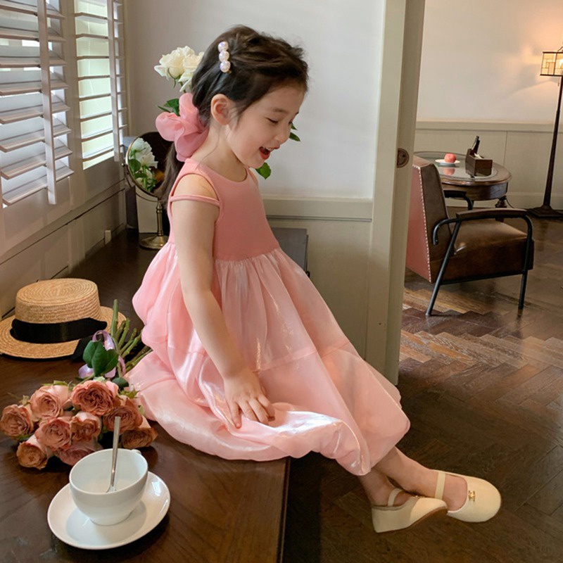 Đầm Công Chúa Không Tay Cổ Tròn Màu Trơn Dễ Thương Phong Cách Hàn Quốc Thời Trang Mùa Hè Cho Bé Gái