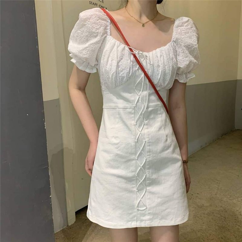 Đầm kaki trắng đan dây DD095