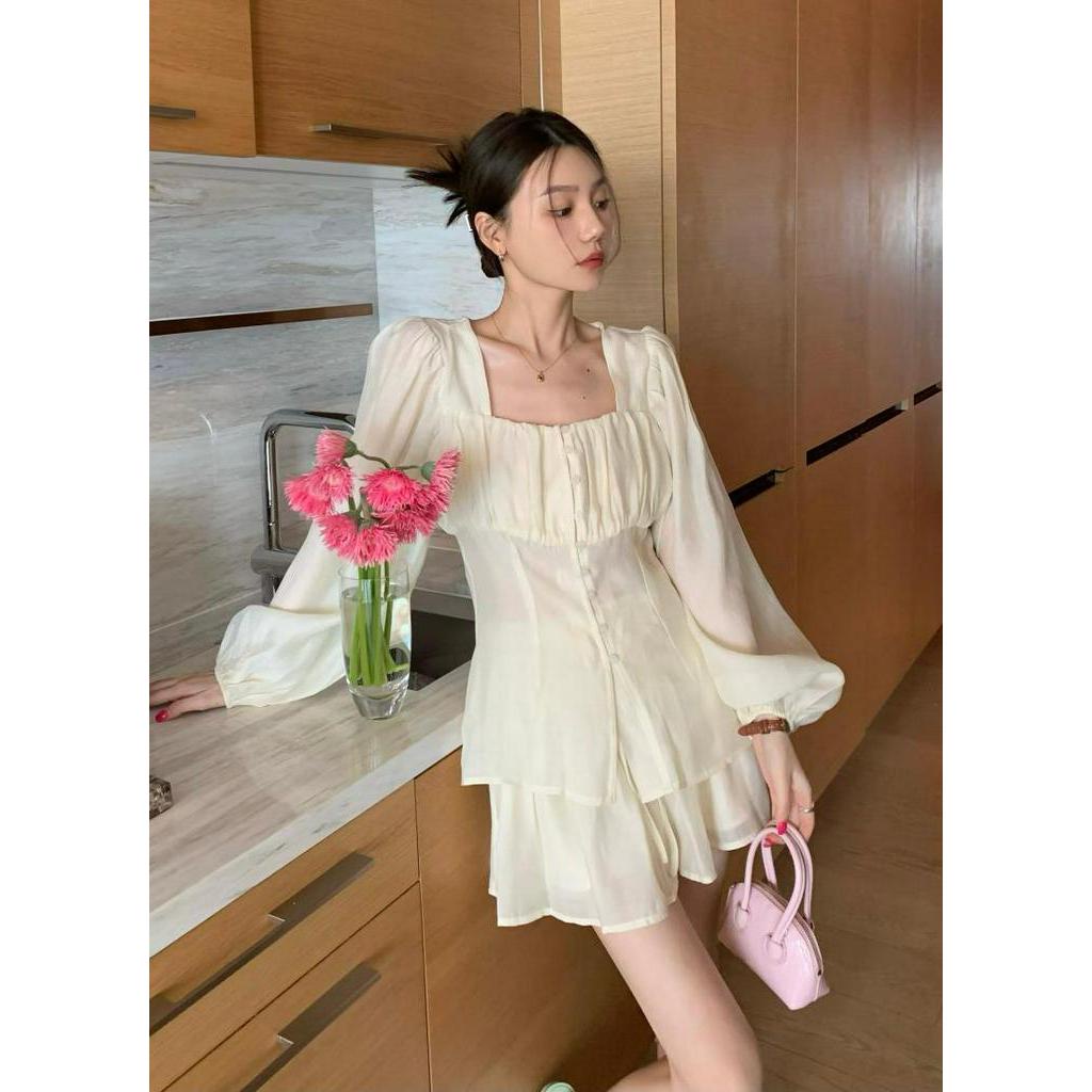 Bộ Áo Voan Cổ Vuông + Chân Váy Lưng Cao Xẻ Tà Thời Trang Retro Pháp 53540