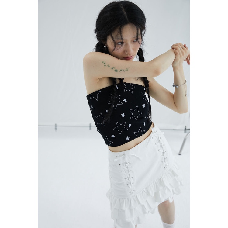 Áo Croptop y2k Hai Dây Xỏ Hạt Màu Đen Nhỏ Nhắn In Họa Tiết Ngôi Sao Thời Trang Cho Nữ y2k