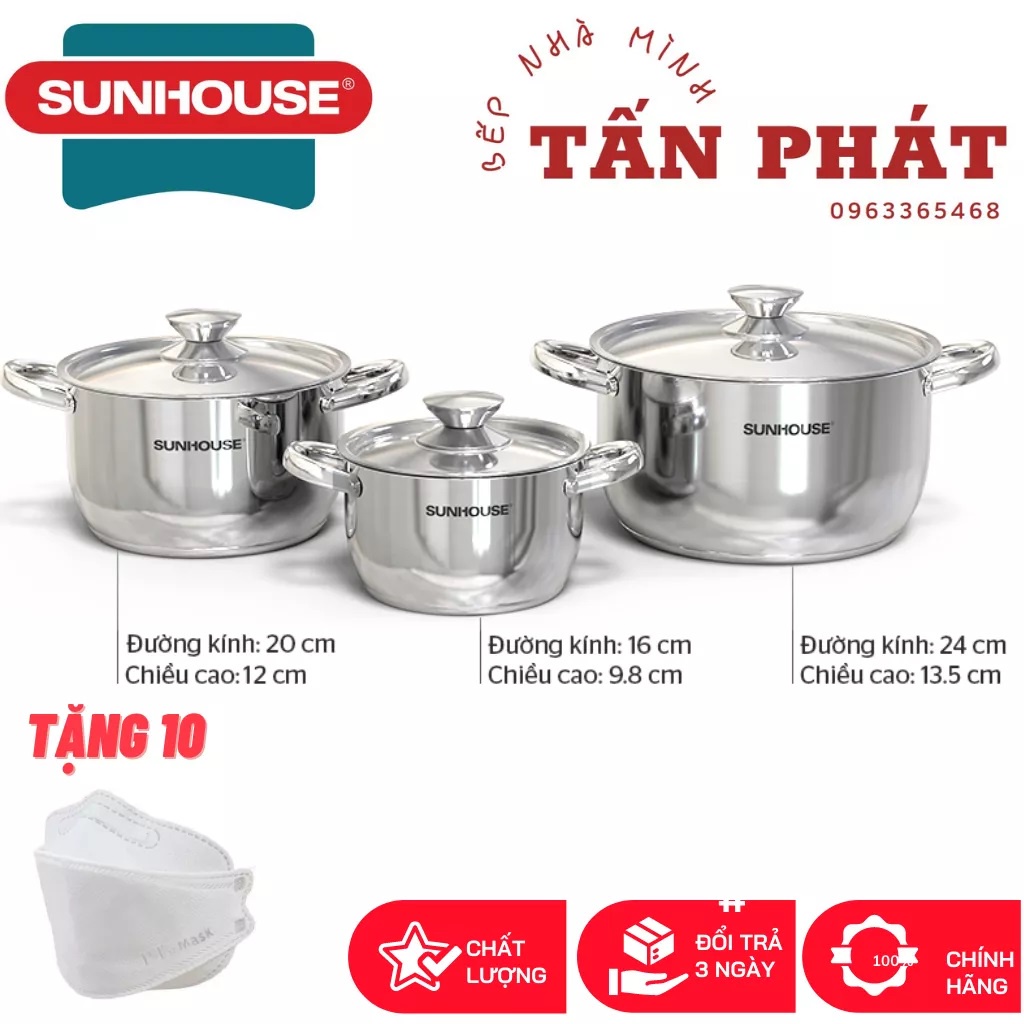 Bộ 3 nồi inox bếp từ cao cấp 3 đáy SUNHOUSE 16cm 20cm 24cm (dùng được trên mọi loại bếp) chính hãng bảo hành toàn quốc