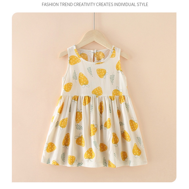 Đầm công chúa sát nách in hình trái cây động vật chất liệu cotton thời trang mùa hè cho bé gái