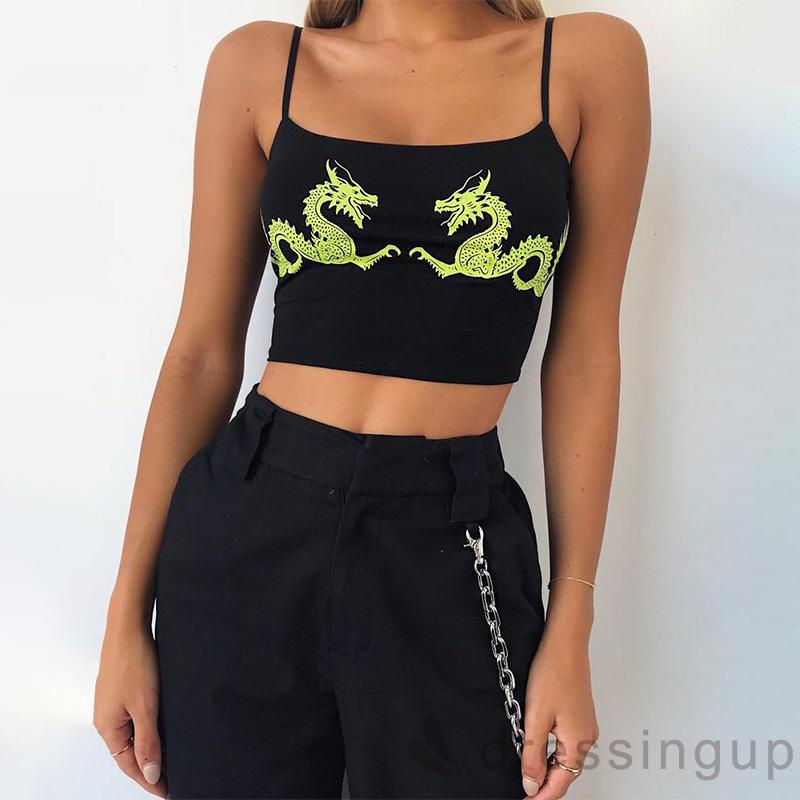 Áo tank top hai dây in hình rồng màu đen ôm dáng phong cách Trung Hoa cho nữ size S/ M/ L