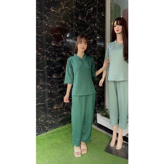 Đồ Lam Đi Chùa #Bộ lụa pháp trơn 1 nút# Quần Áo Nữ