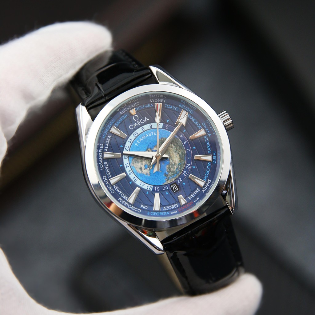 Đồng hồ nam Omega OM6886 mặt bản đồ dây da