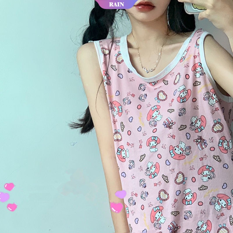 SANRIO Đầm Ngủ Sát Nách Cổ Tròn Họa Tiết Hoạt Hình Kuromi My Melody Hello Kitty Thoải Mái Thời Trang Mùa Hè Cho Bạn Gái