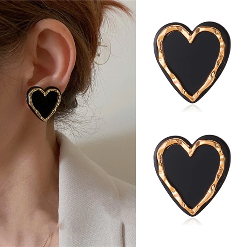 Bông Tai Hình Trái Tim Màu Đen Phong Cách Hàn Quốc Đơn Giản Thời Trang Cho Nữ