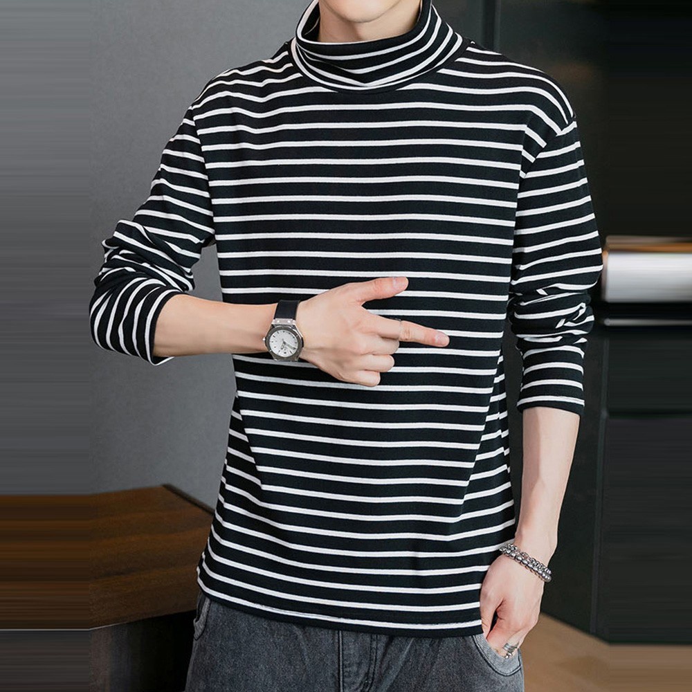 Áo thun tay dài cổ lọ họa tiết sọc thời trang mùa đông dành cho nam