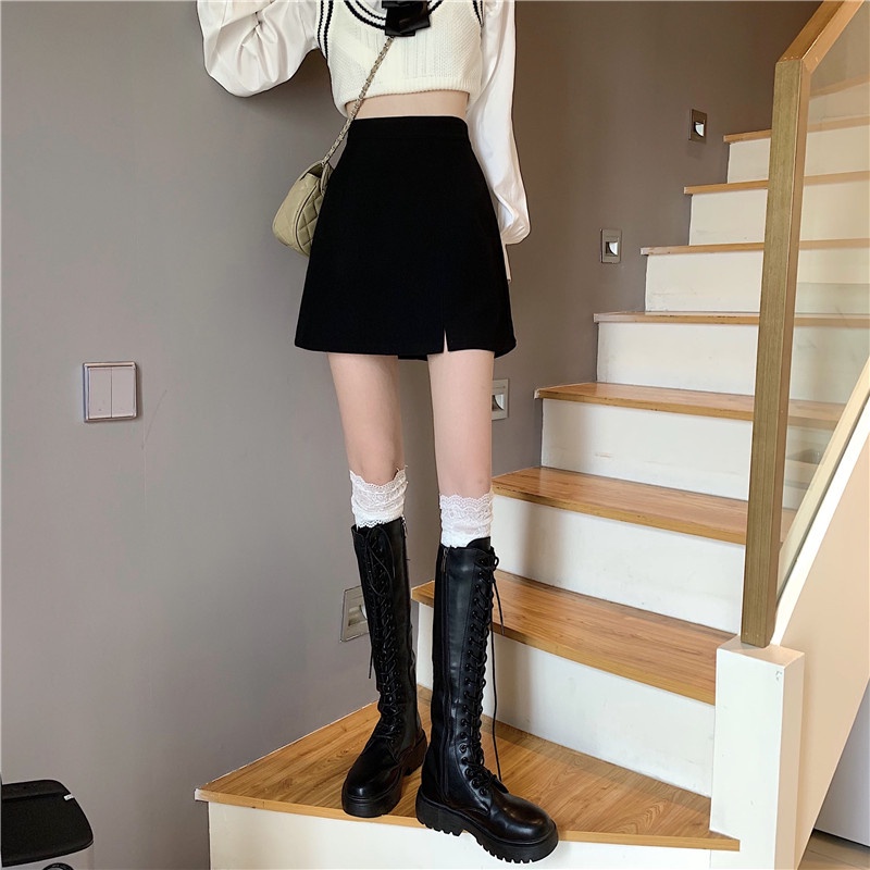 QADCOL Chân váy chữ A lưng cao phong cách Hàn Quốc