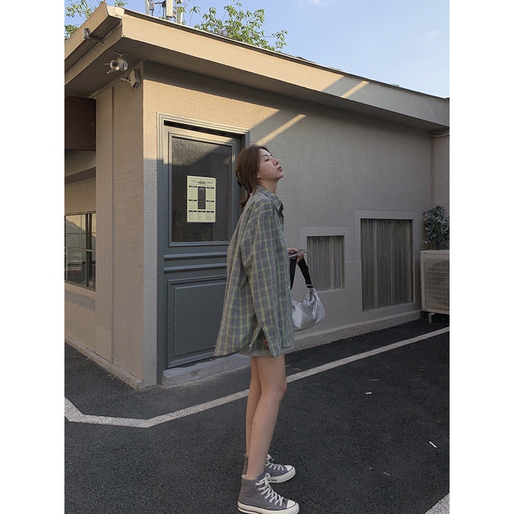 Áo Sơ Mi Nữ Ca Rô Dài Tay Cổ Bẻ Thời Trang Hàn