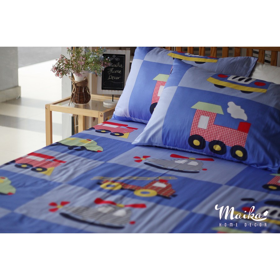 Drap bộ 1m4 cho bé trai cotton Satin, hoạ tiết ô tô - bộ 4 món