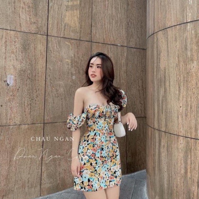 Váy hoa nhí trễ vai cúp ngực