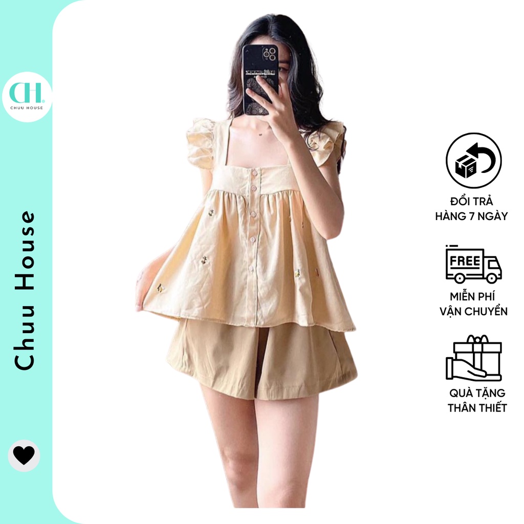 [Có Video + Ảnh Thật] Set Đồ Ngủ Gồm Áo Bbd Đũi Mix Quần Sooc Kaki Be Xinh Xắn - Chuu House- CH0417