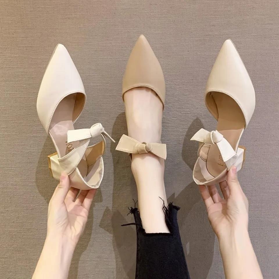 Size 35-43 Large Size Women's Shoes 41 Pointed Toe White High Heels Women's Thick Heel Summer New Style Baotou Bowknot S