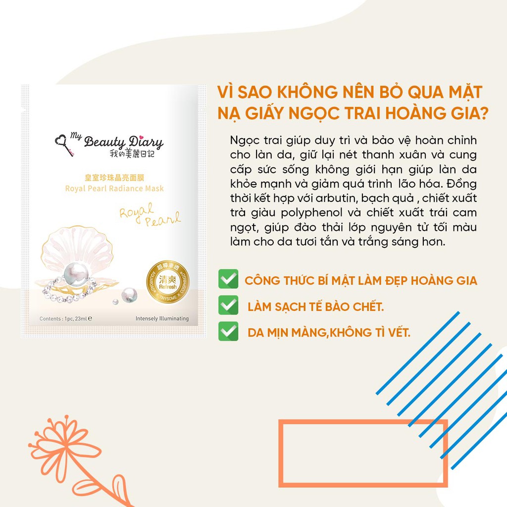 Mặt nạ dưỡng ẩm và sáng mịn My Beauty Diary Taiwan Royal Pearl Radiance Mask Ngọc trai hoàng gia 23ml/Miếng