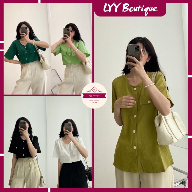 Áo sơ mi nữ tay ngắn cổ tròn 2 túi nắp ngực style Hàn Quốc siêu xinh bảng màu hot trend LYY BOUTIQUE