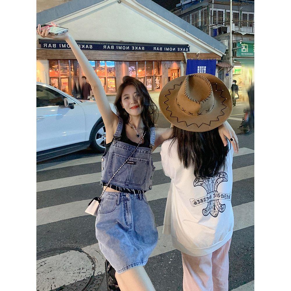 Zeng Xiaoxian Váy Denim Hai Dây Dáng Ngắn Eo Cao Thời Trang Xuân Hè Kiểu Đường Phố Ngọt Ngào