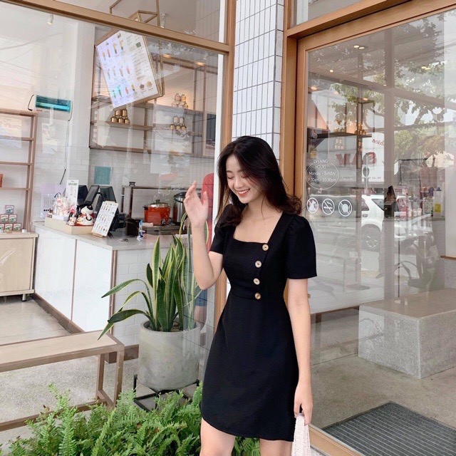 Đầm nữ cổ vuông ♥️ Đầm nữ dáng ôm công sở ♥️ Váy nữ cổ vuông phối nút - NhimShop ĐN01