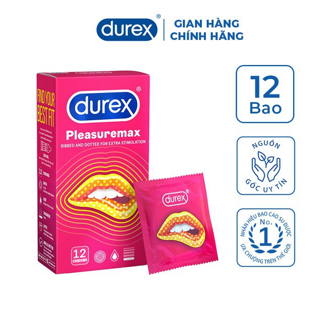 Bao cao su Durex Pleasuremax có gân và hạt nổi quanh thân giúp gia tăng khoái cảm, tạo cảm xúc hộp 12 bao
