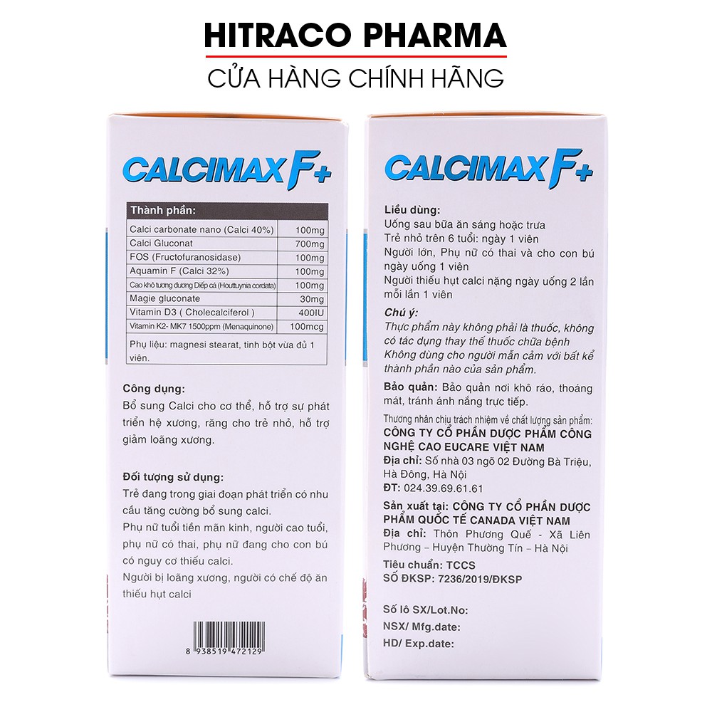 Viên uống bổ sung Canxi cho bà bầu, trẻ em, người lớn Calcimax F+ - Hộp 30 viên