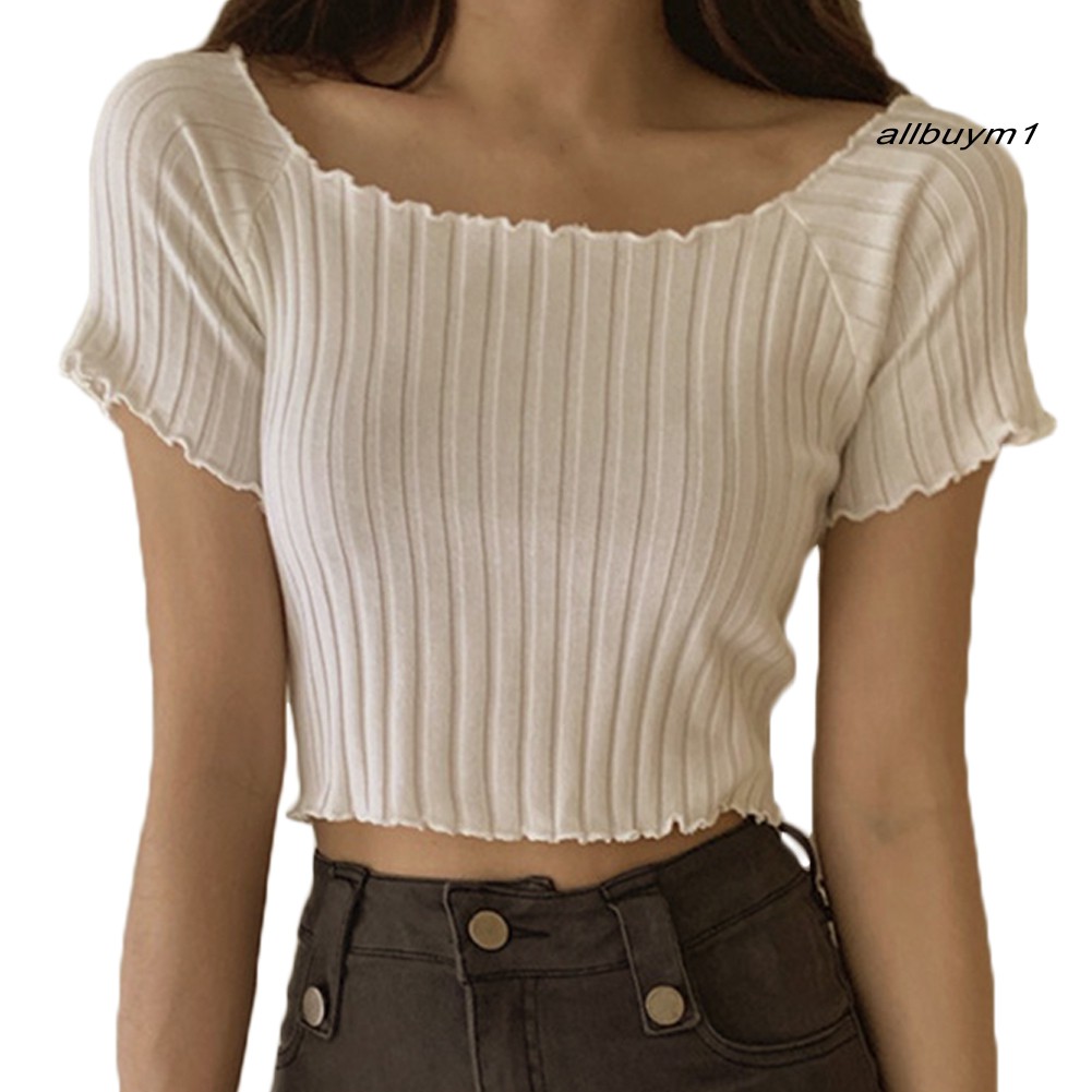 Áo Croptop Dệt Kim Trễ Vai Màu Trơn Cho Nữ