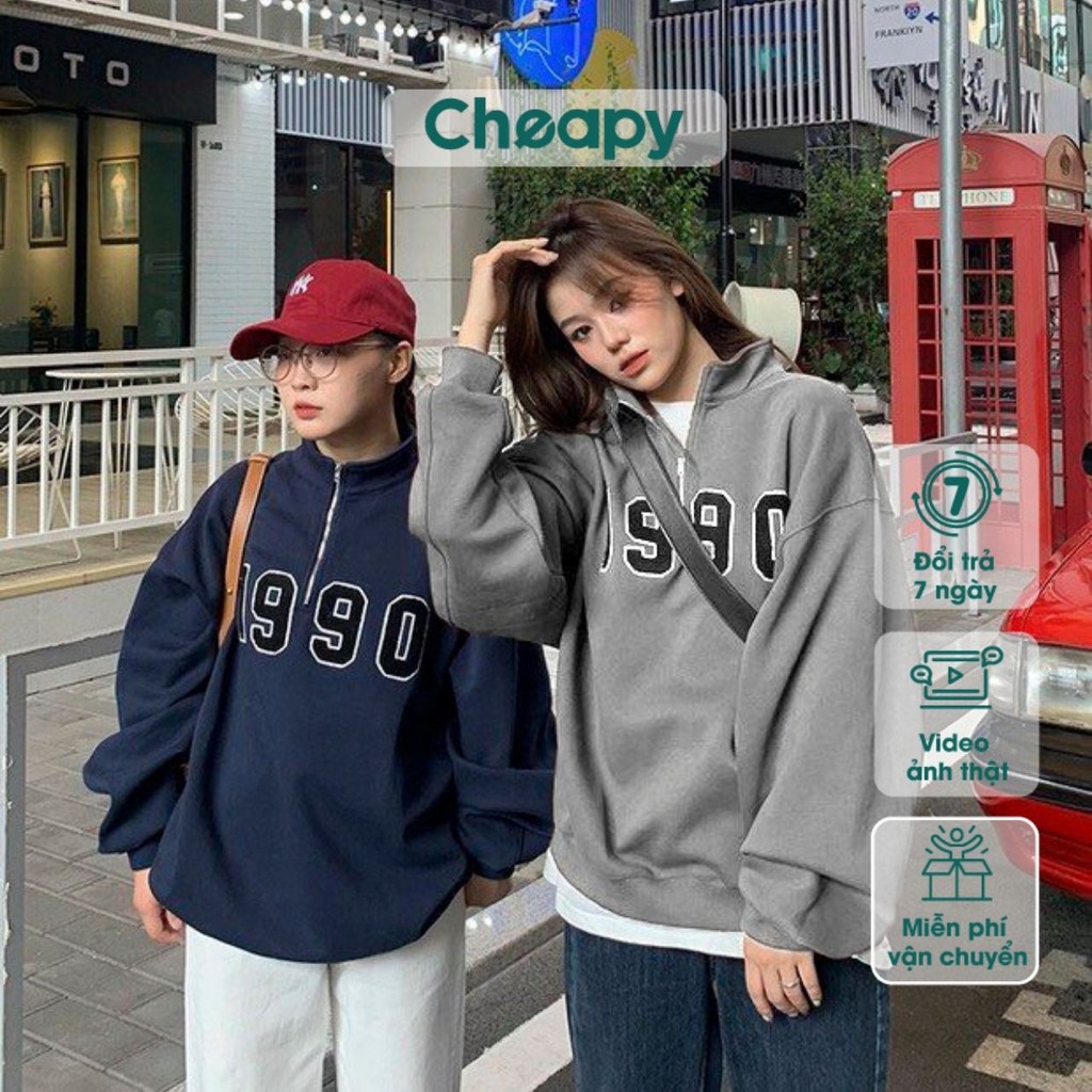 Áo sweater nỉ tăm nam nữ khóa cổ cao 1990 freesize Cheapy màu xanh ghi phom rộng dáng suông local brand  hàn quốc C614