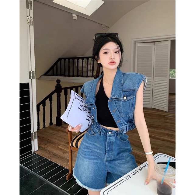 Áo khoác jean denim cộc tay bo chun croptop cá tính dành cho nữ