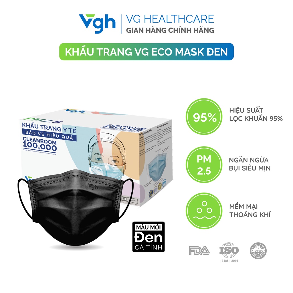 Khẩu trang y tế VG Eco Mask màu đen cá tính kháng khuẩn và bụi siêu mịn 95%  - Chính hãng VG Healthcare -  Hộp 50 chiếc