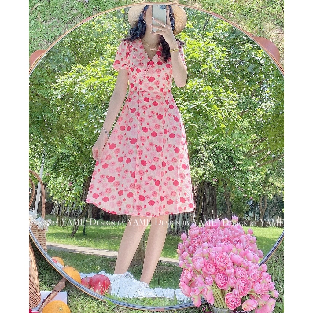 Váy hoa hồng cổ vest pink 2 lớp đi chơi đi du lịch YAME
