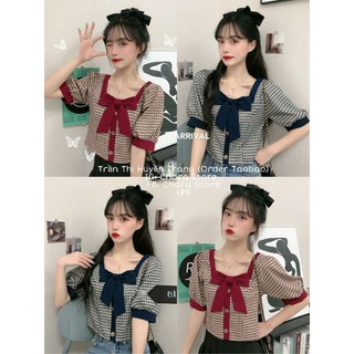 Áo cổ vuông kẻ caro thắt nơ cổ