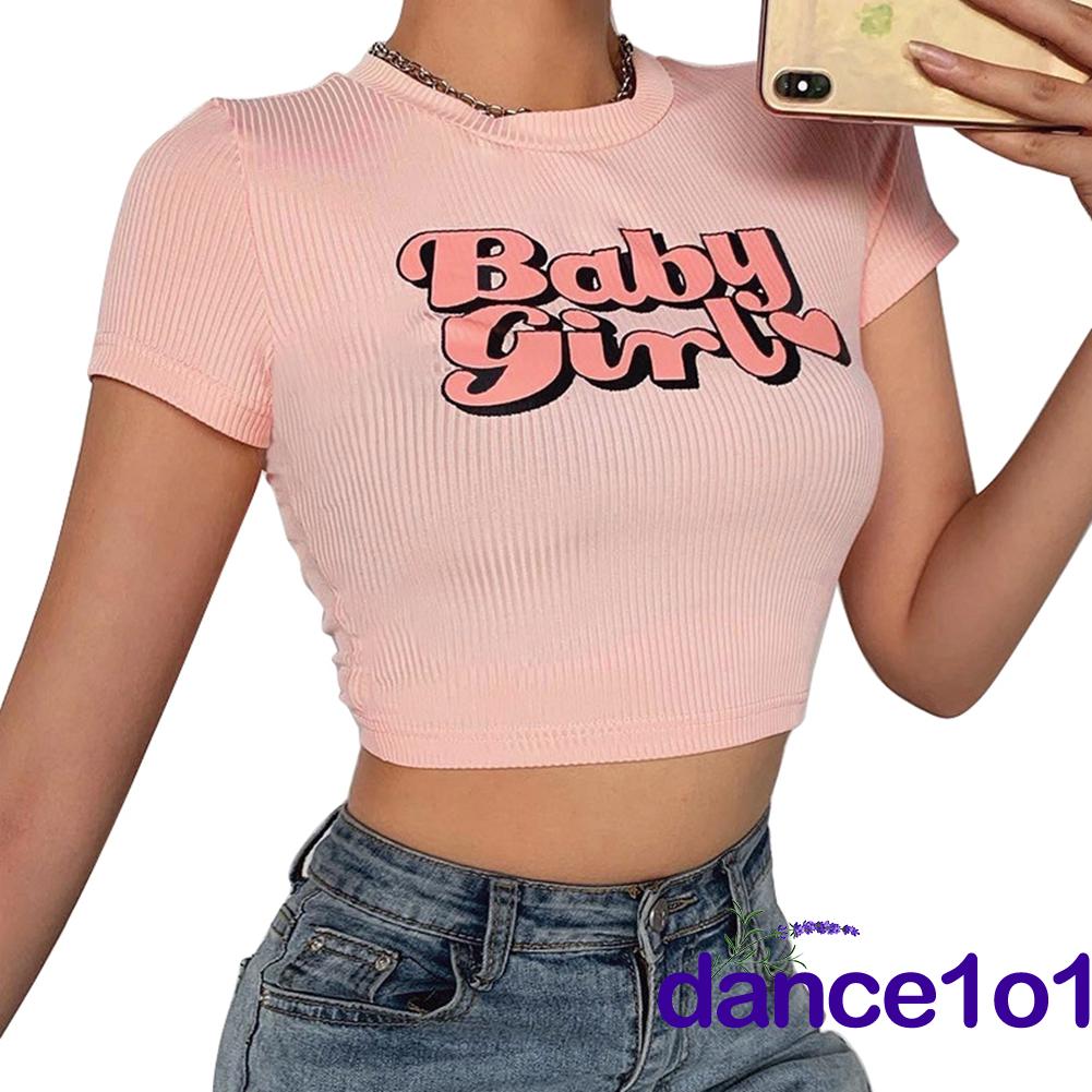 Áo croptop ngắn tay cổ tròn in chữ đáng yêu thời trang cho nữ