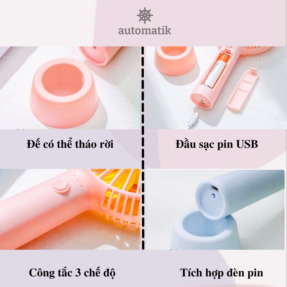 [Pin Trâu 6 Tiếng] Quạt Mini Cầm Tay 3 Cấp Độ Để Bàn Sạc Pin Tích Điện Có Đèn Gọn Nhẹ, Dễ Dàng Mang Theo - Nabako