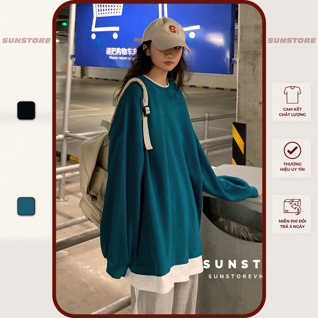 Áo tay dài form rộng oversize unisex kèm lớp lót thun trắng bên trong 2 màu đen và xanh thời trang thu đông Ulzzang
